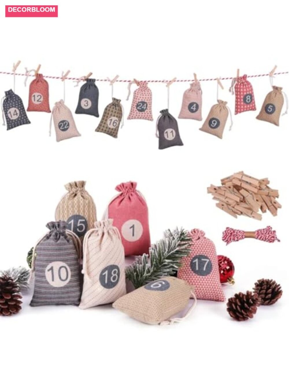 24 Day Burlap Advent Calendar Bags Drawstring Christmas Countdown